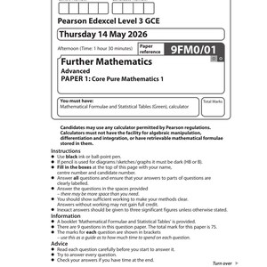 Peut inclure: Un sujet d'examen de mathématiques avancées Pearson Edexcel Level 3 GCE du jeudi 14 mai 2026, intitulé Paper 1: Core Pure Mathematics 1, référence 9FM0/01, comprenant des cases pour les informations du candidat, des instructions et un code-barres.