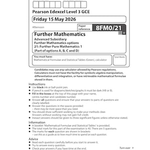 May include: A Pearson Edexcel Level 3 GCE Further Mathematics examination paper dated Friday 15 May 2026, paper reference 8FM0/21. The document includes candidate information fields, instructions, information, and advice for the Further Pure Mathematics 1 exam.