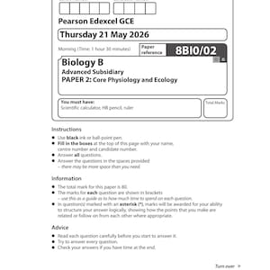 Könnte beinhalten: Eine Pearson Edexcel GCE Biology B Prüfungsunterlage vom Donnerstag, den 21. Mai 2026, mit dem Titel Paper 2: Core Physiology and Ecology, Referenz 8BI0/02. Das Dokument enthält Felder für Kandidatendaten, Anweisungen und Hinweise.