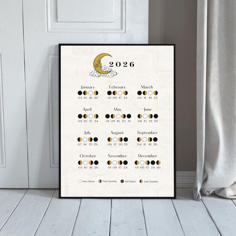 2026 Moon Calendar Printable | Lunar Phases Wall Art | Astrology Gift ...