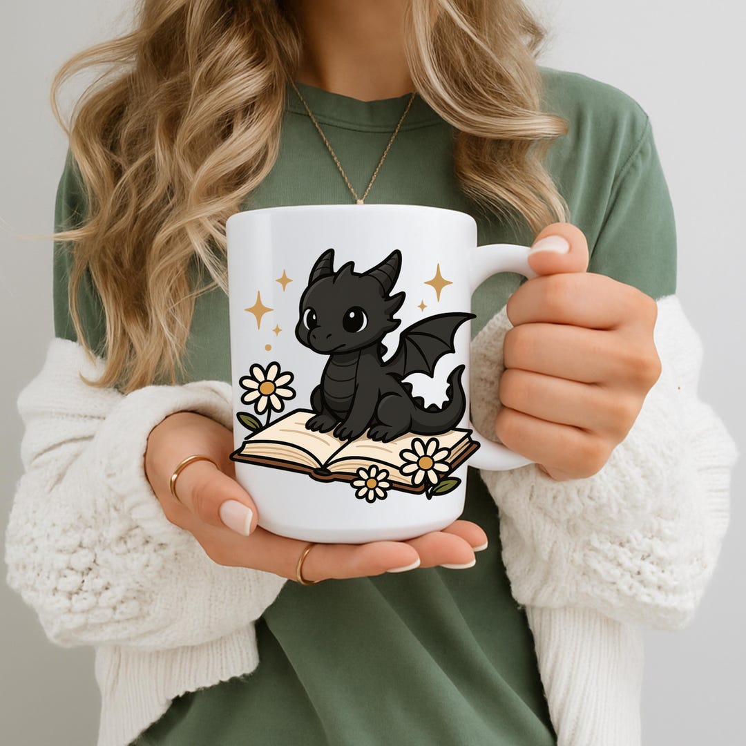 Booktok Fantasy Dragon Mug 15oz – Cute Black Dragon on Book Coffee Cup ...