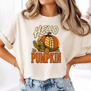 Hello Pumpkin T-Shirt: Funny Tortoise Fall Graphic on Comfort Colors