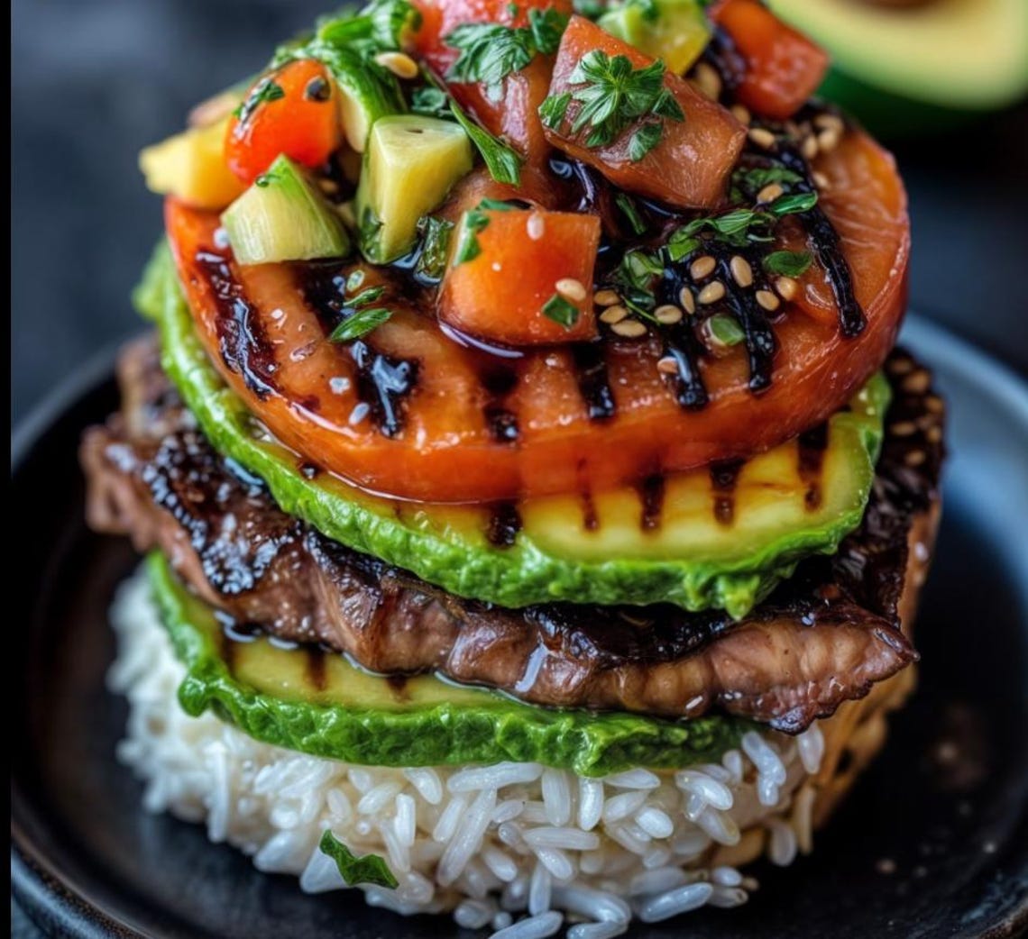Meat Avocado Rice Grilled Beef Tomato Avocado Rice Stack Recipe (digital Download) - Etsy