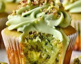 Receta de cupcakes de pistacho con crema de mantequilla de vainilla (Descarga digital)
