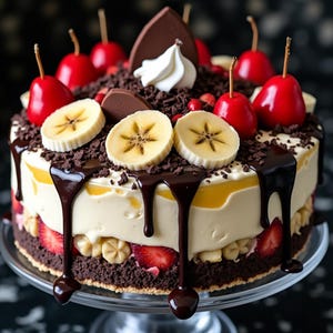 Puede incluir: Un pastel en capas con glaseado blanco, goteo de chocolate y varios ingredientes. El pastel está decorado con cerezas rojas frescas, rodajas de plátano, virutas de chocolate y fresas. Se encuentra sobre un soporte de pastel de cristal transparente.