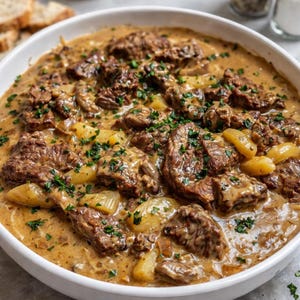 Bavette Beef Stroganoff Rezept: Cremiges Dinner-Party-Gericht (PDF Download)