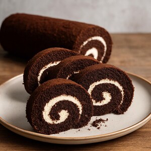 May include: A plate of chocolate swiss roll cake slices with a white cream filling. The cake is on a white plate and a wooden surface.
