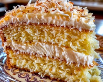 May include: A slice of coconut cake with white frosting and shredded coconut on top. The cake is layered with white frosting and has a light yellow color.