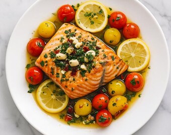 Mediterranean Baked Salmon Recipe: Tomatoes & Olives (Digital Download)