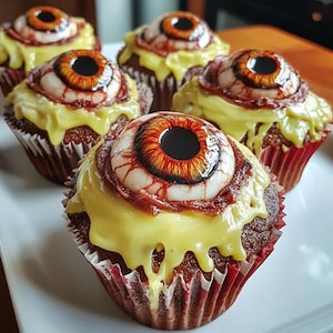 May include: Five Halloween-themed cupcakes with a spooky design. Each cupcake features a chocolate base, topped with yellow frosting and a realistic-looking eyeball made of edible decorations. The cupcakes are in red and white paper liners.