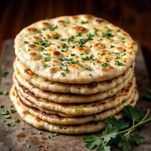 May include: A stack of freshly baked naan bread topped with chopped parsley. The naan is golden brown and slightly puffy, with a crispy texture.
