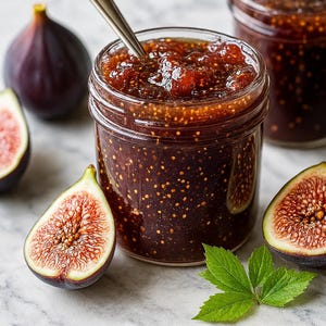 Può includere: Un barattolo di marmellata di fichi con un cucchiaio, circondato da fichi freschi. La marmellata è di un marrone scuro con semi e pezzi di frutta visibili. I fichi tagliati rivelano un interno rosso vivo. Una foglia verde aggiunge un tocco fresco.
