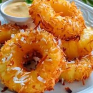 Puede incluir: Primer plano de aros de piña fritos recubiertos de coco rallado, servidos en un plato blanco con un pequeño cuenco de salsa. Los aros de piña son de color marrón dorado con copos de coco visibles.