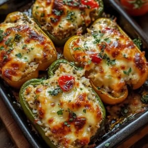May include: Close-up of four stuffed bell peppers with melted cheese and herbs. The peppers are in a black baking dish on a wooden surface.