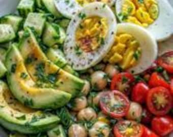 Recept met avocado-eieren en kikkererwtensalade: eenvoudig diner, feestrecept (digitale download)