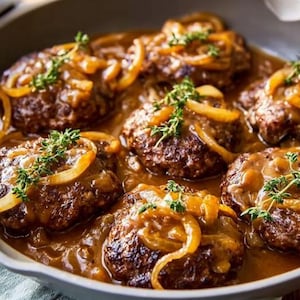 Receta de filete de hamburguesa con salsa de cebolla (descarga digital)