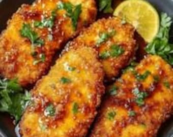 Recept voor gebakken knapperige kip met warme honing (digitale download)