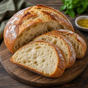 May include: A round loaf of freshly baked bread, partially sliced, on a wooden cutting board. The crust is golden brown, and the interior is light and airy. Flour dusts the top of the loaf and the board. A small bowl of oil and herbs is in the background.