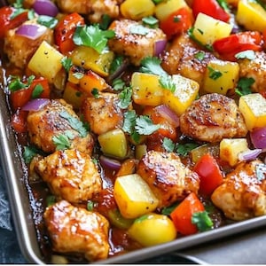 Puede incluir: Primer plano de una bandeja para hornear llena de pollo y verduras asadas. El plato incluye trozos de pollo dorados, pimientos amarillos y rojos, cebollas rojas y trozos de piña. Cilantro fresco espolvoreado por todo el plato.