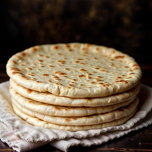 May include: A stack of six round, flat, golden brown pita breads on a white linen napkin.