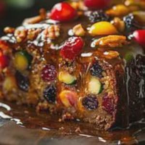 May include: A dense fruitcake topped with a glossy brown glaze, featuring visible red cherries, yellow citrus pieces, dark raisins, and light brown walnuts embedded throughout the textured, dark brown crumb of the baked dessert.