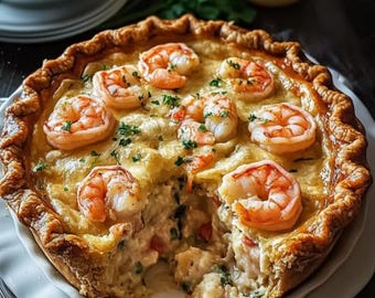 Recept voor kaasachtige garnalentaart: hartig diner met zeevruchten (digitale download)