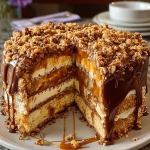 Può includere: Una torta a più strati con strati alternati di pan di spagna e crema bianca, farcita con salsa al caramello dorata. La parte superiore e i lati sono ricoperti di noci tritate e guarniti con ganache al cioccolato, con una fetta mancante.