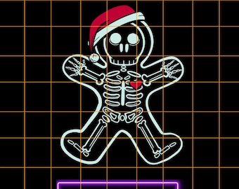 Pode incluir: Um gráfico de download digital com um boneco de gengibre esqueleto usando um gorro de Papai Noel e um coração vermelho. O design é delineado em branco sobre um fundo preto com um padrão de grade. O texto na parte superior diz "DOWNLOAD DIGITAL INSTANTÂNEO".