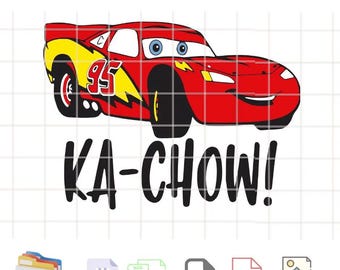 May include: Red cartoon race car with a yellow lightning bolt and the number 95 on the side. The car has a smiling face and the text "KA-CHOW!" is below the car.