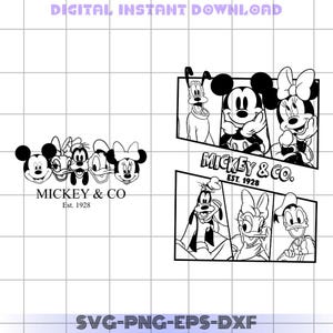 May include: Black and white illustration of Mickey Mouse, Minnie Mouse, Donald Duck, Goofy, and Pluto. The characters are arranged in a row and are smiling. The text "Mickey & Co. Est. 1928" is below the characters.