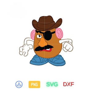 Pode incluir: Uma ilustração de desenho animado do Sr. Potato Head usando um chapéu de caubói marrom, uma camisa azul e um tapa-olho preto. Ele tem um corpo de batata marrom, orelhas rosa e um bigode.