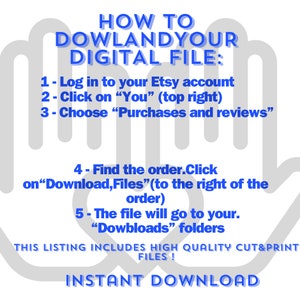 May include: A blue and white graphic with instructions on how to download a digital file from Etsy. The graphic features a hand pointing down with the text "HOW TO DOWLANDYOUR DIGITAL FILE:" and a list of steps. The text "INSTANT DOWNLOAD" is at the bottom of the graphic.