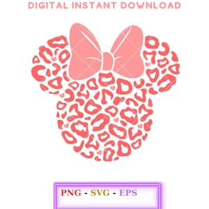May include: Pink and white leopard print Minnie Mouse ears with a pink bow.  PNG, SVG, and EPS file formats are included.