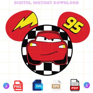 Könnte beinhalten: Rote und gelbe Mickey-Maus-Ohren mit einem karierten Hintergrund und einem roten Rennwagen mit der Nummer 95 an der Seite. Das Auto hat einen schwarzen Blitz oben drauf.