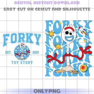 May include: A digital download of a printable design featuring the character Forky from the movie Toy Story. The design includes the words "Forky" and "Toy Story" in a blue and white color scheme. The design is perfect for use on t-shirts, mugs, and other crafts.