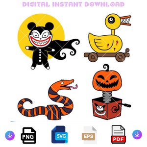Op de afbeelding: Vier digitale illustraties met een Halloween-thema: een zwart-wit personage met een Mickey Mouse-achtig hoofd en een sinistere grijns, een gele eend met rode bloedspatten op zijn lichaam, een pompoen met een tandenrij en een gestreepte slang met een uitstekende tong.