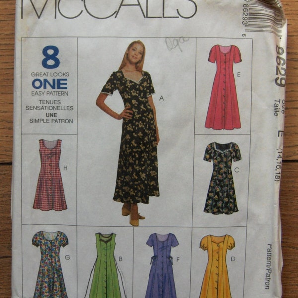 1997 McCalls pattern 8629 misses dress 8 looks neckline and sleeve variations front button opening sz 14,16, 18 uncut