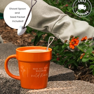 Terracotta Gardener Gift Coffee Mug Set with Shovel Spoon & Seeds, Ceramic Coffee, Mom, Birthday, Boho Home Decor, Mother's Day Plant Lady