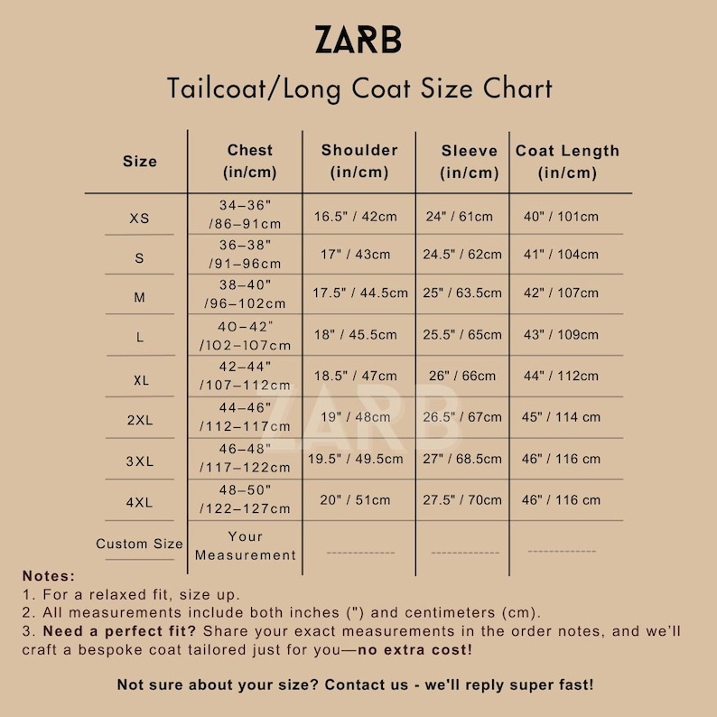 Tailcoat/ Long Coat Size chart