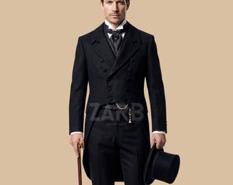 Black Wool Regency Tailcoat: Men's Victorian Outfit Wedding Groom Aristocrat Frock Coat Vintage Style