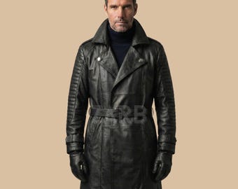 Men’s Black Sheepskin Leather Coat – Belted Shearling Style Long Winter Trench Jacket