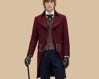 Burgundy Regency Tailcoat Men – Victorian Frock Coat, Vintage Period Costume