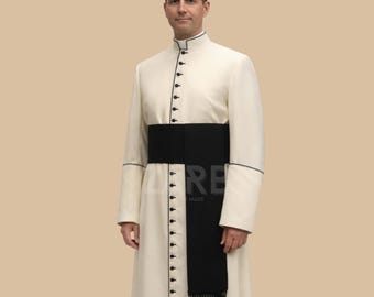 Cream Roman Cassock with Black Trim – Catholic Priest Clergy Soutane, Custom Tailored Vestment