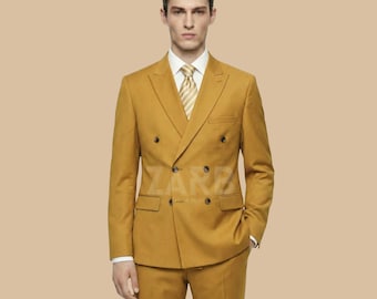 Men's Mustard Double Breasted Suit, Tailored Wedding Groom Prom Outfit