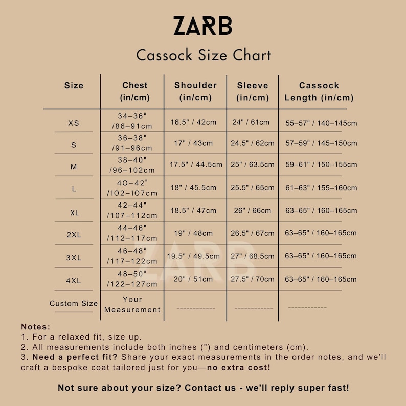 Cassock Size Chart
