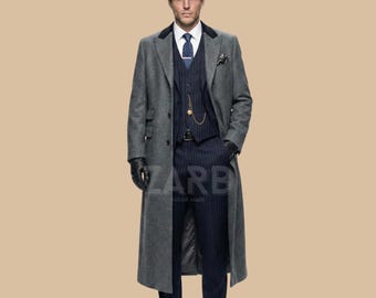 Peaky Blinders Suit with Grey Wool Long Coat – 1920s Navy Pinstripe 3 Piece Outfit