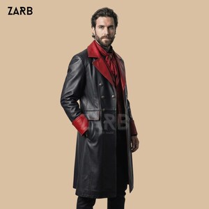 Mens gothic leather long coat black and red