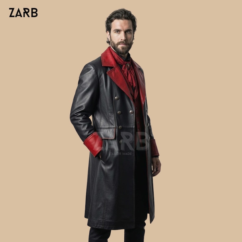 Mens gothic leather long coat black and red