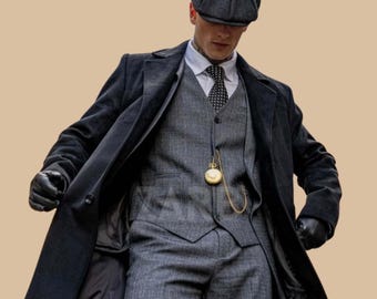 Grey 3 Piece Suit with Black Long Coat – Thomas Shelby 1920s Vintage Outfit
