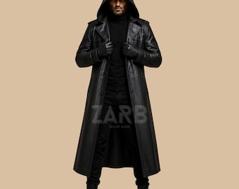 Black Genuine Leather Hooded Duster Coat, Men's Gothic Long Trench, Custom Made